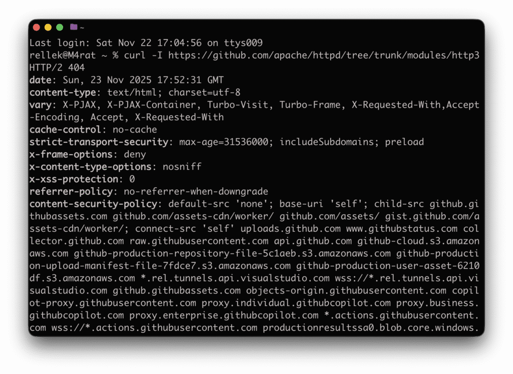 Screenshot Terminal curl Befehl zeigt 404 Fehler für angebliches mod_http3 Modul