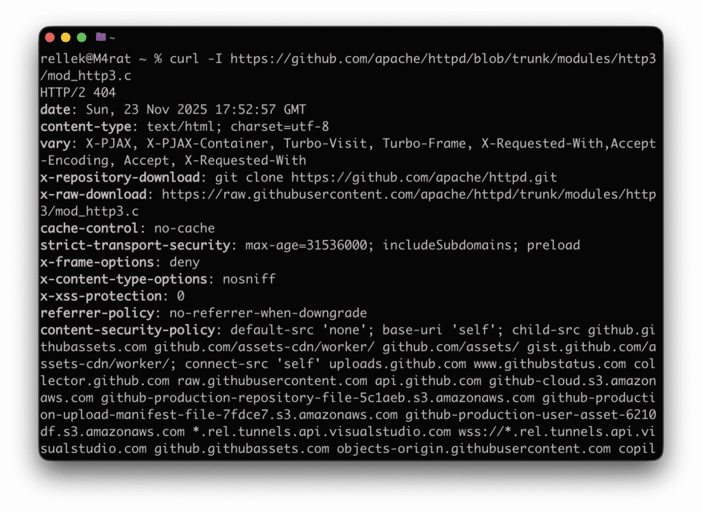 Screenshot Terminal curl Befehl zeigt 404 Fehler für angebliches mod_http3 Modul - zum Zweiten
