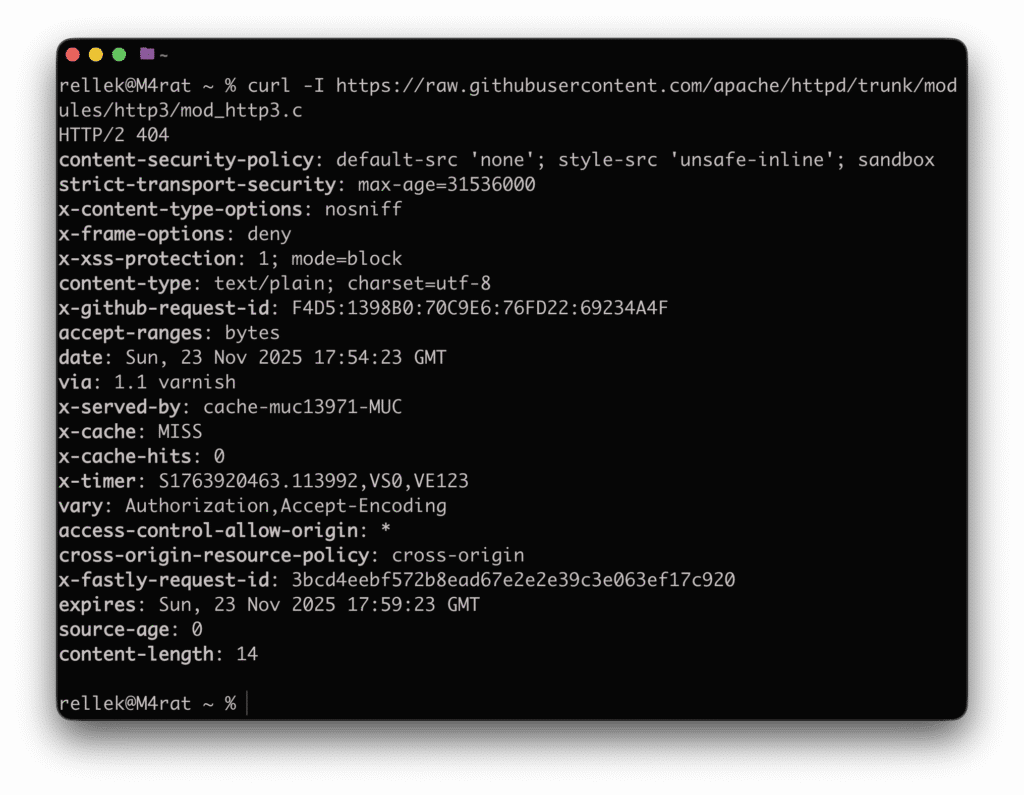 Screenshot Terminal curl Befehl zeigt 404 Fehler für angebliches mod_http3 Modul - zum Dritten
